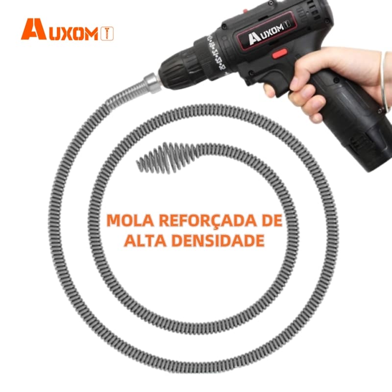 Kit Profissional AUXOM: Desentupidor Rotativo 5m + Adaptador p/ Furadeira - Remove Entupimento em Canos de Esgoto
