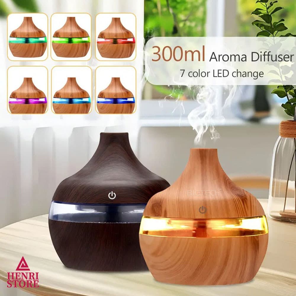 Umidificador De Ar E Aromatizador USB Portátil 300ML Ultrassônico Difusor 7 Cores Led