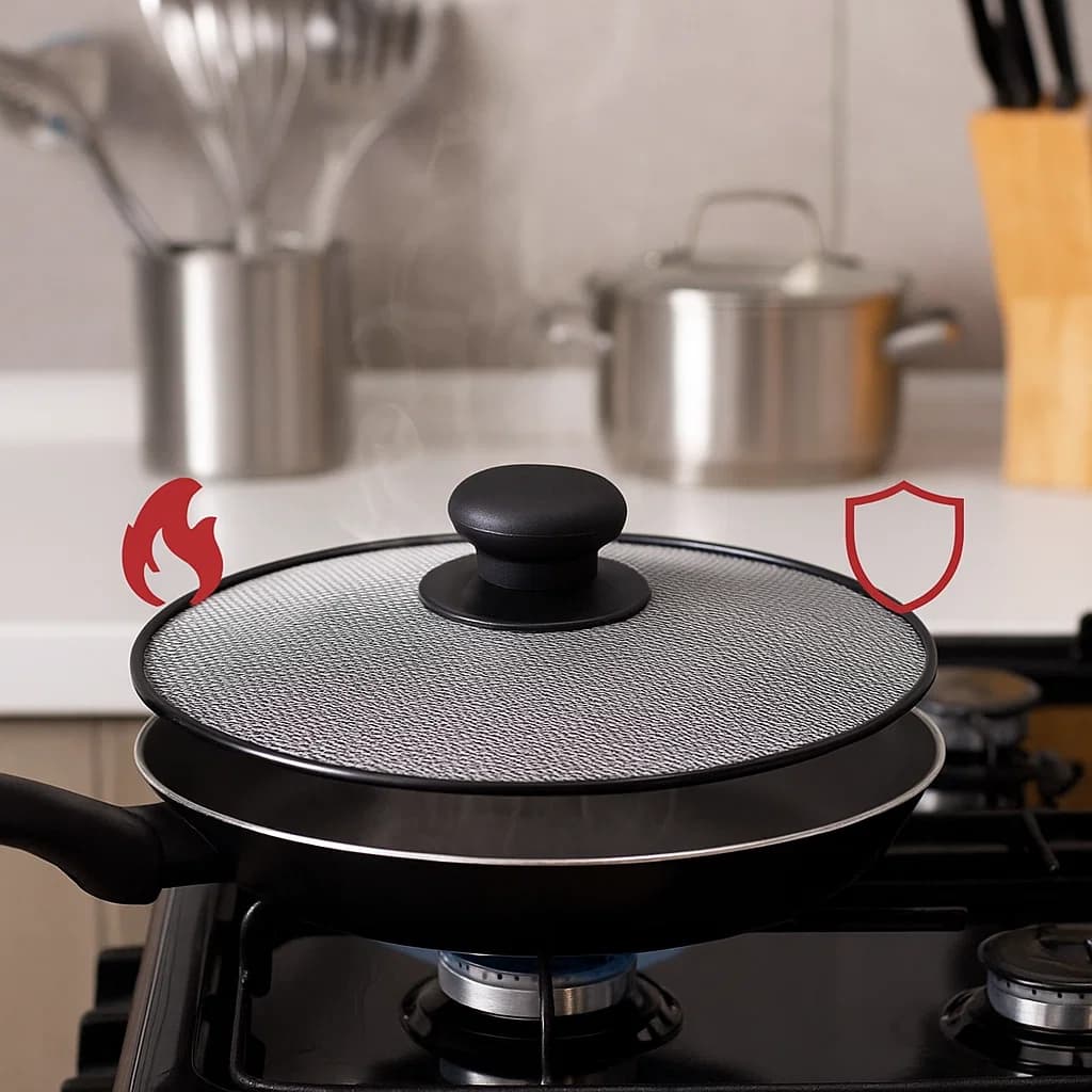 Tampa Antirrespingos para Fritura com Pegador Preto 29cm - Tela de Metal