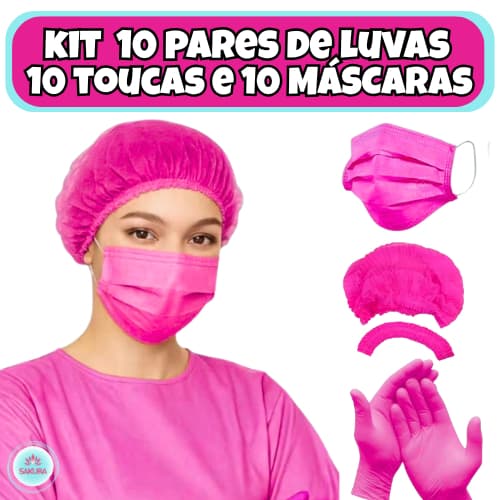 Kit 20 unidades Luvas, 10 Toucas TNT e 10 Máscaras com elástico - Rosa, Lilás...