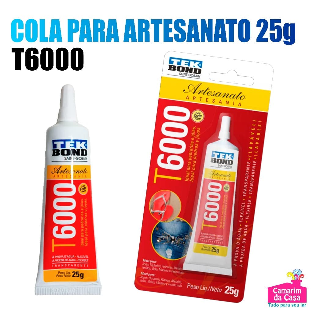 Cola Permanente T6000 Extra Forte Transparente Lavável Tubo c/ 25g Pedrarias Vidro Metal Bijuterias