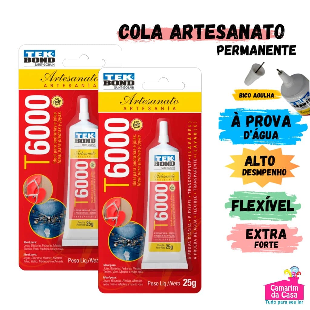 Cola Permanente T6000 Extra Forte Transparente Lavável Tubo c/ 25g Pedrarias Vidro Metal Bijuterias
