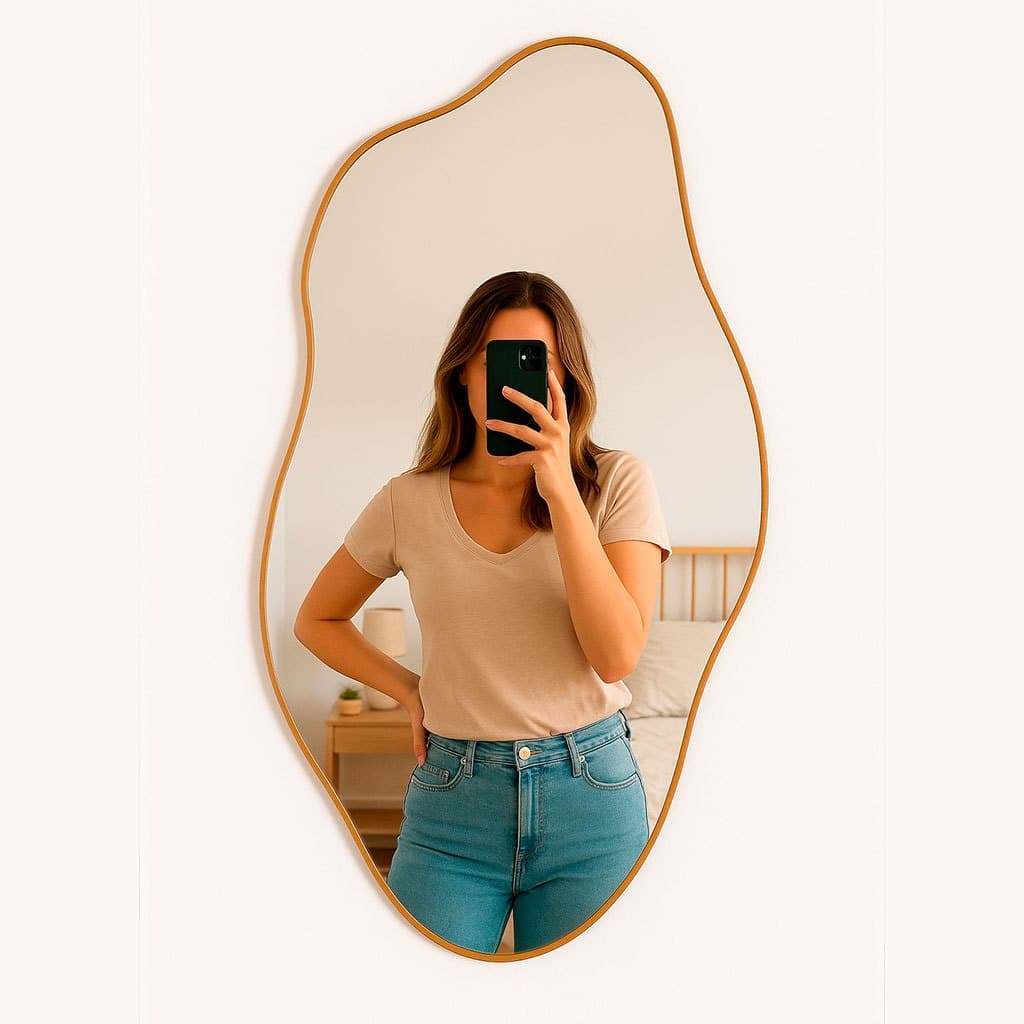 Espelho Adnet Orgânico Grande Corpo Inteiro Parede Couro + Suporte