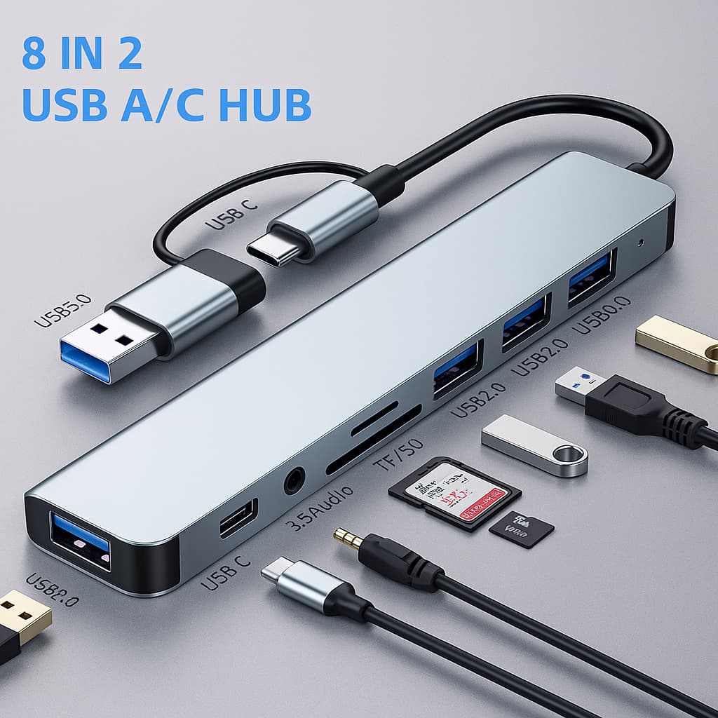 Hub Extensor 8 em 2 Tipo C com Adaptador USB 3.0 Leitor SD/TF Dock Áudio