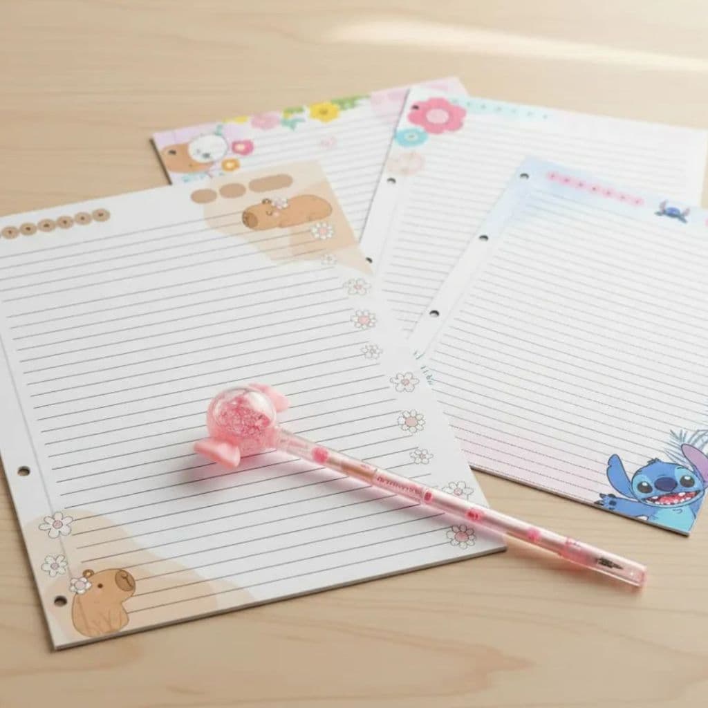 Folhas de Fichário c Desenho Vários Personagens Pautadas A4 c 70 Folhas- Caderno Universitário Disco