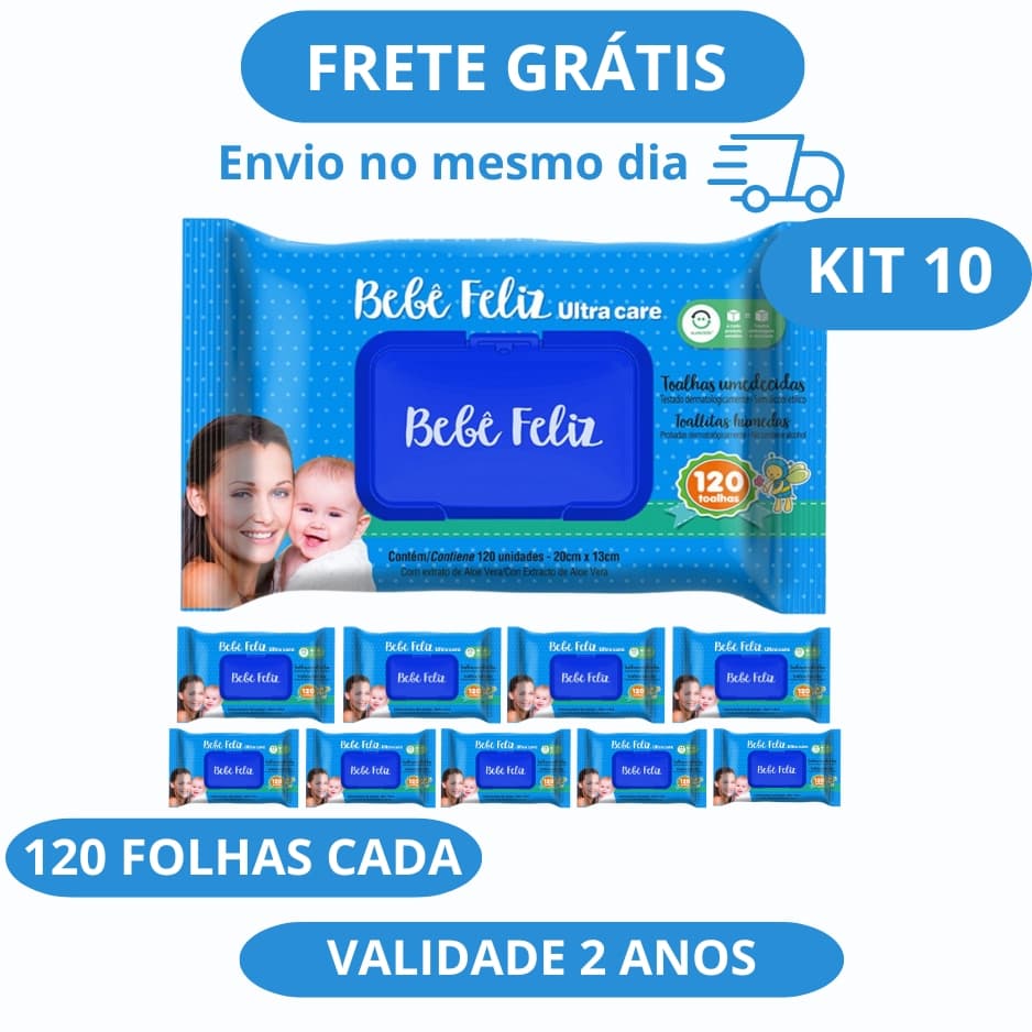 Kit 10 Lenços Umedecidos Bebê Feliz 120 Folhas Cada Pacote