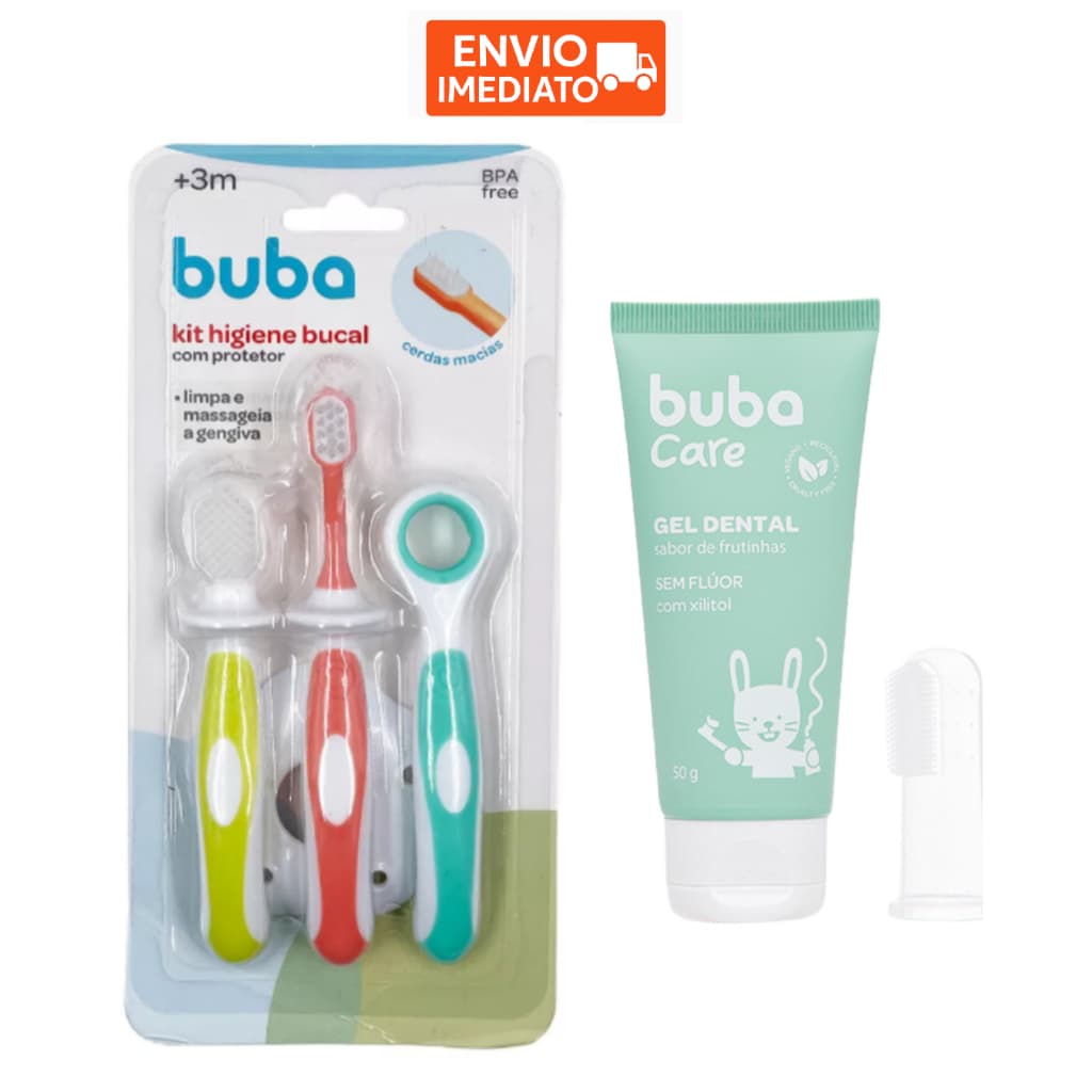 Kit Buba Higiene Bucal Escova Limpa Gengiva Mordedor Massageador Pasta de Dente Gel Escova Dedo