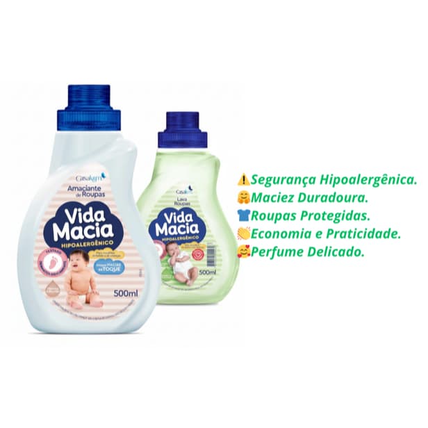 KIT VIDA MACIA HIPOALERG AMACIANTE ALGODAO 500ML + LAVA ROUPAS  ERVA DOCE 500ML