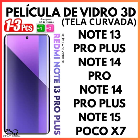 Película De Vidro 3D Temperado Para Redmi Note 13 PRO PLUS 14 PRO PLUS TELA CURVADA