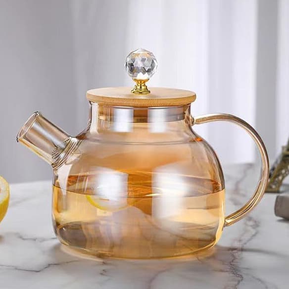 Chaleira de Vidro que vai ao Fogo Âmbar Vidro Borossilicato Tampa de Bambu