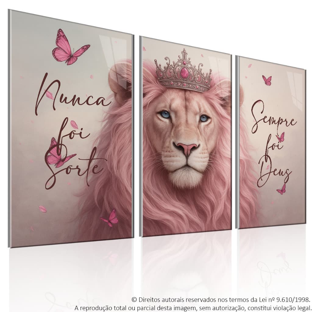 Quadro Decorativo 3 Peças Leão Rosa Borboleta Decoração Sala Quarto Escritório