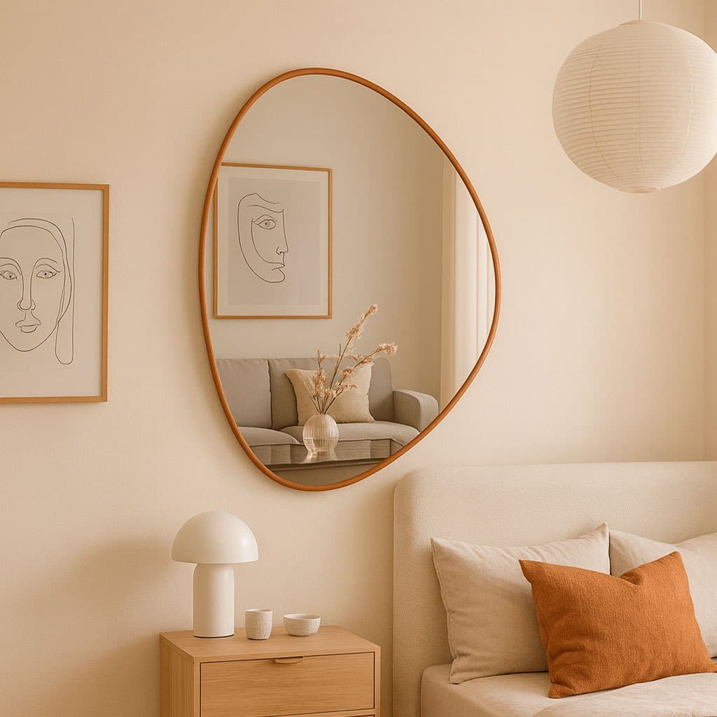 Espelho Orgânico Com Moldura Couro Vários Tamanhos + Suporte