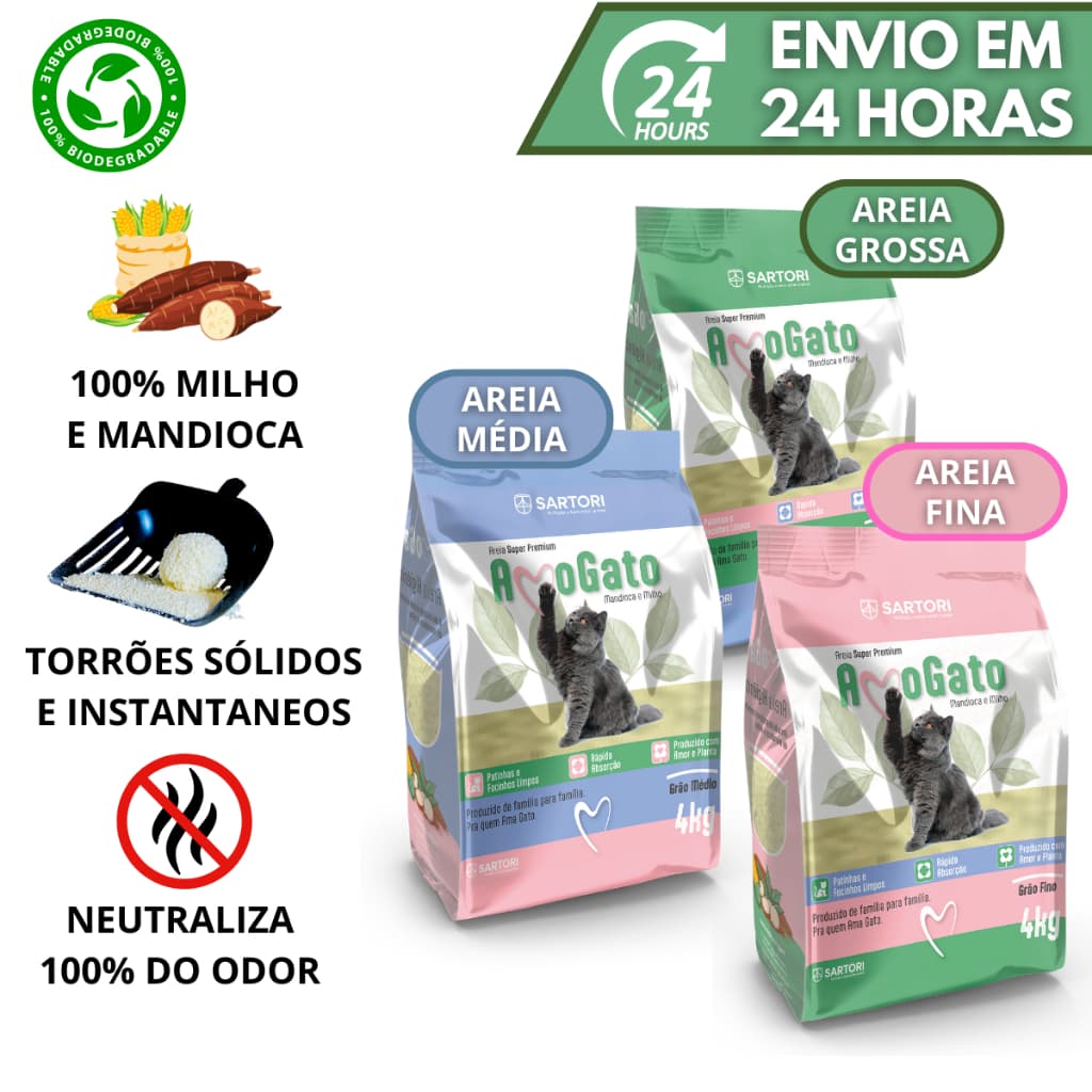 Areia Higiênica Milho e Mandioca Biodegradável P/Gatos Grãos Finos/Médios/Grossos Super Premium