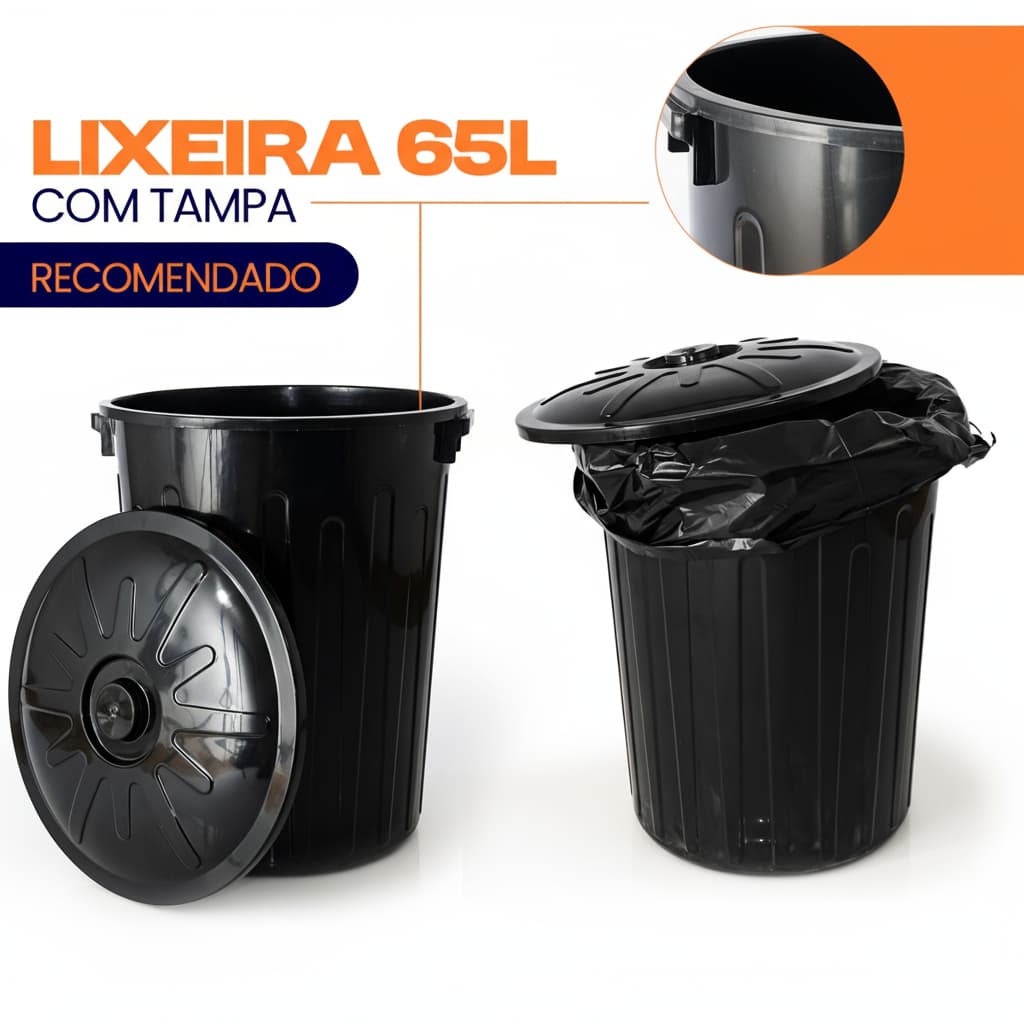 Lixeira 65 Litros Grande Redonda Multiuso Com Tampa Preta