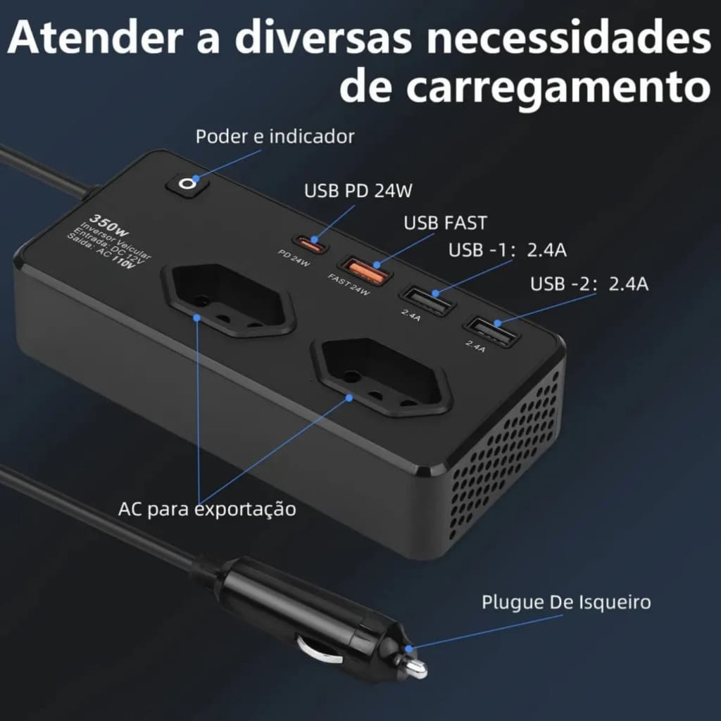Inversor de Tensão Veicular 12V para 110V 350W 2 TOMADAS 3 USB 1 TIPO-C Display Digital Proteções Completas