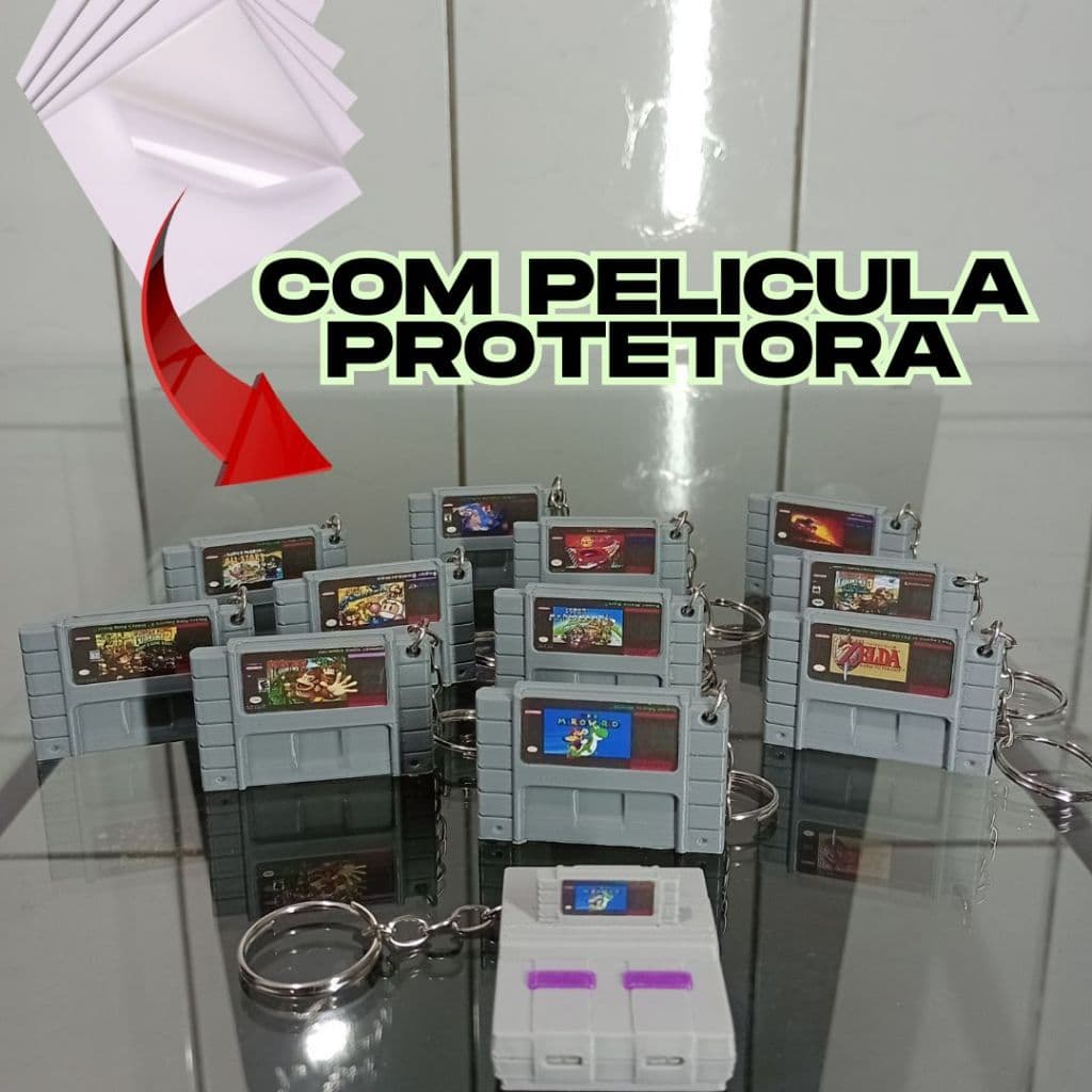 Chaveiro cartucho super nintendo 3D, Super Mario World, Zelda, Donkey Kong 1,2 e 3