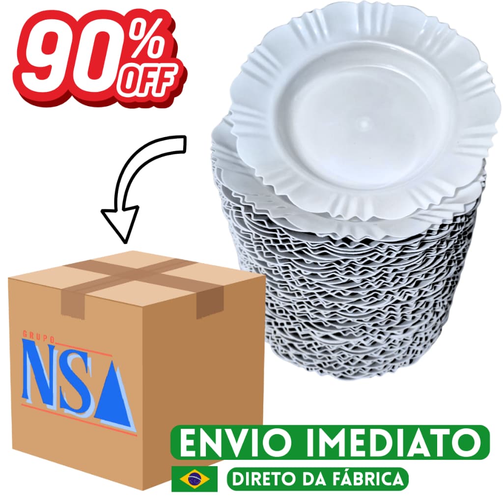 Caixa Com 10/50 Pratos Branco Fundo Com Borda Plástico