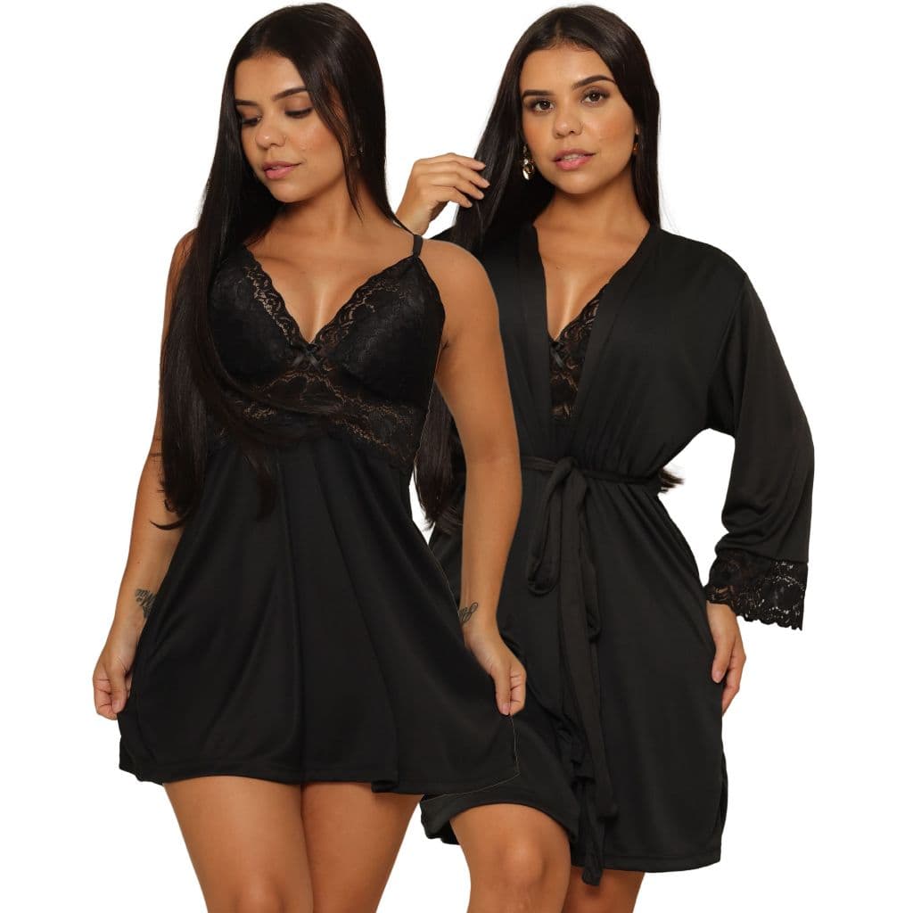 Conjunto Feminino Robe Luxo Sensual e Camisola Charmosa Com Renda