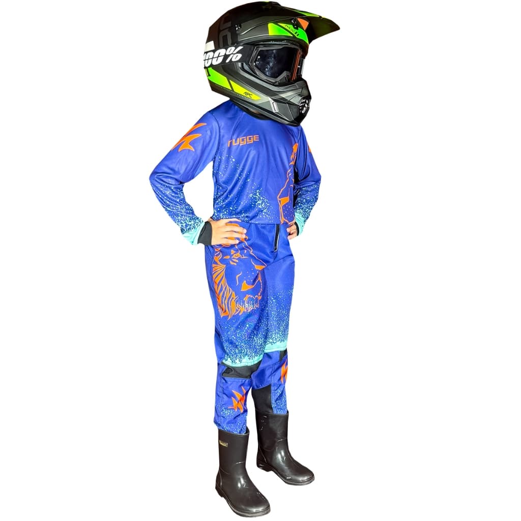 Conjunto Motocross Infantil Azul/Laranja Rugge Roupa Trilha Bike Velocross
