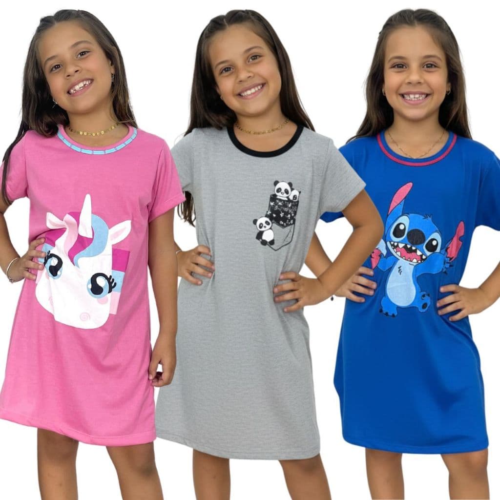 Camisola Infantil Personagem Manga Curta / Camisola de Dormir / Roupa de Dormir