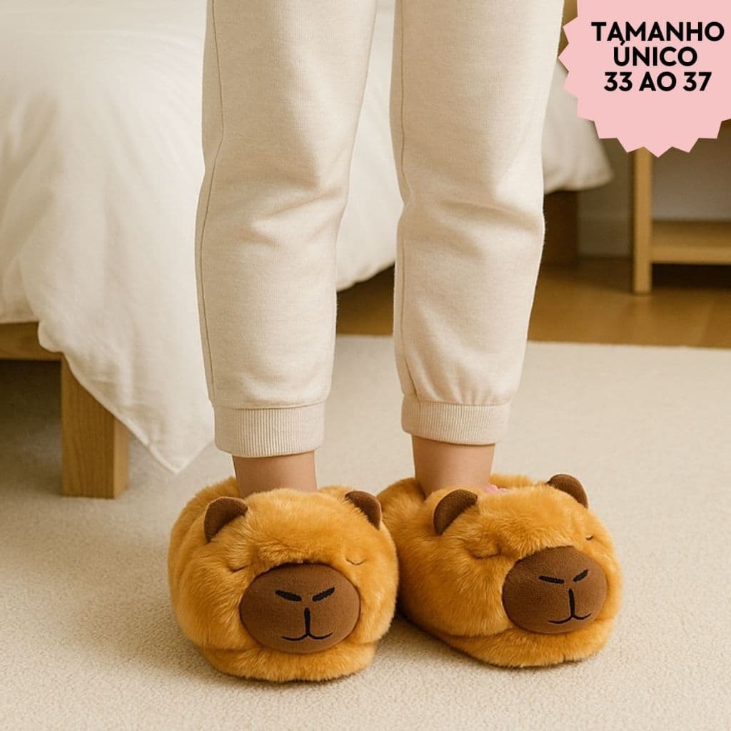 Pantufa Capivara Filo 3D Infantil Adulto Marrom Quentinha Fofa Bordada Presente Sola Antiderrapante