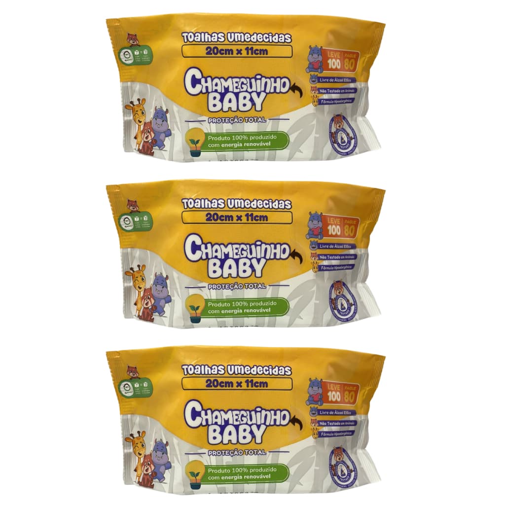 3 Pacotes Lenços Umedecidos Sem Álcool 300 Un Chameguinho