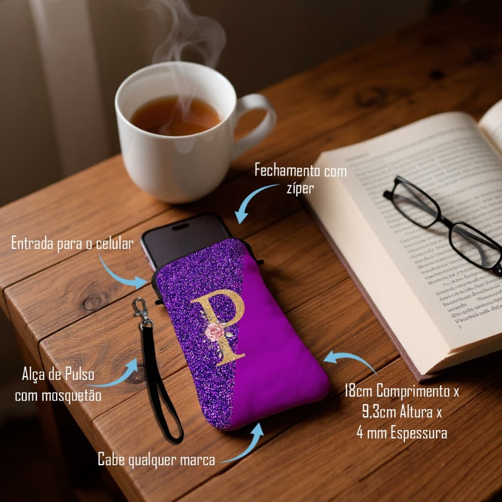 Case para Celular com Zíper Personalizado com Nome Flores Formas