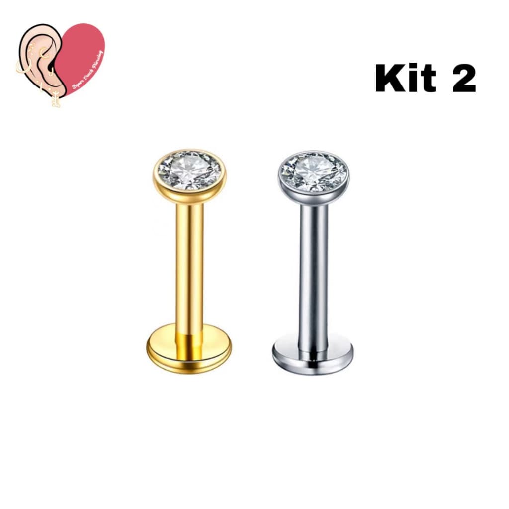 Kit 2 Piercing Labret Aço Cirúrgico Zircônia Rosca Interna | Helix, Tragus, Conch, Nariz, Boca-Medusa e Outros KA117