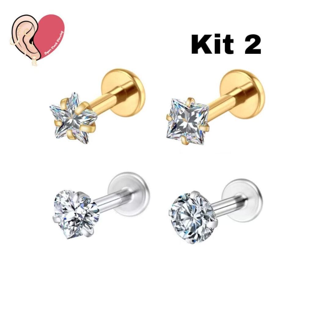 Kit 2PCS Piercing Minibarbell Aço Cirúrgico PVD Zircônia / Helix, Flat, Conch, Tragus, Lóbulo e Outros KA501 -  KIT 2
