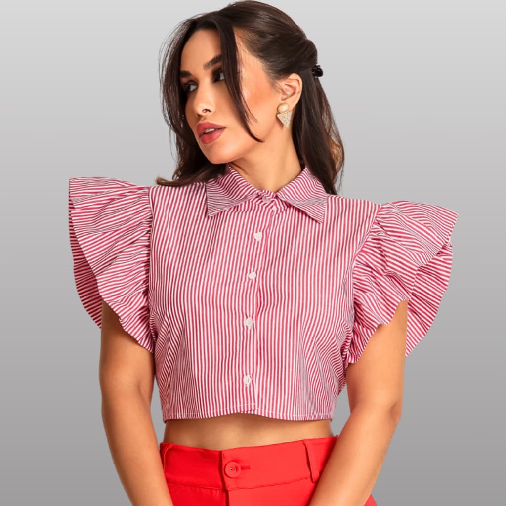 Blusa Cropped Tricoline Manga Curta Estilosa