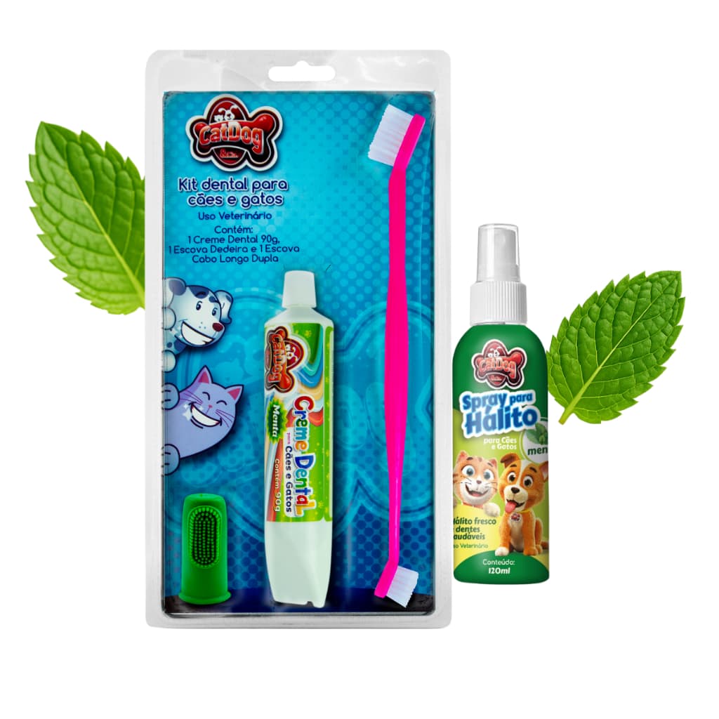 Kit Higiene Bucal Sabores Cães e Gatos sem Bafinho  2 Escovas + Creme Dental + Spray Bucal