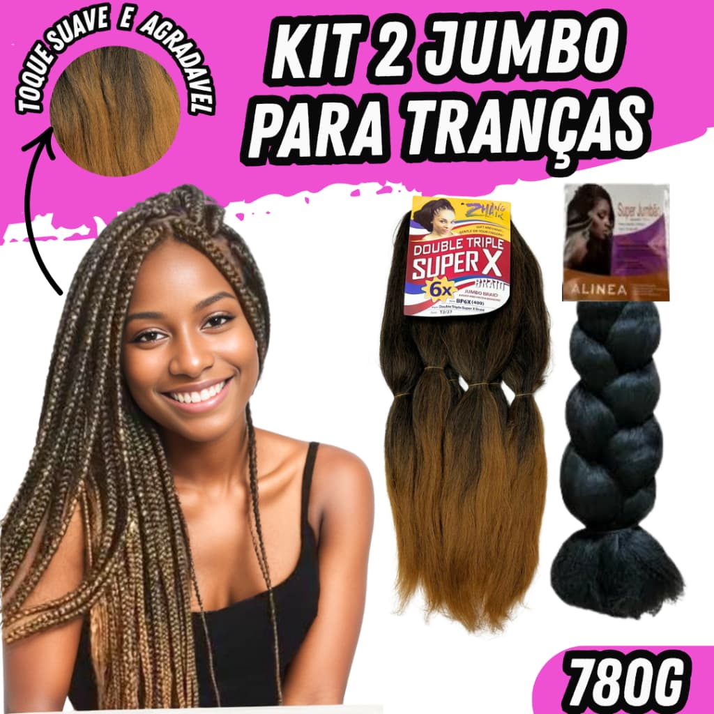 Kit 2 Cabelo Jumbo para Tranças Box Braids 390g Cherey Atacado + Joia de Trança