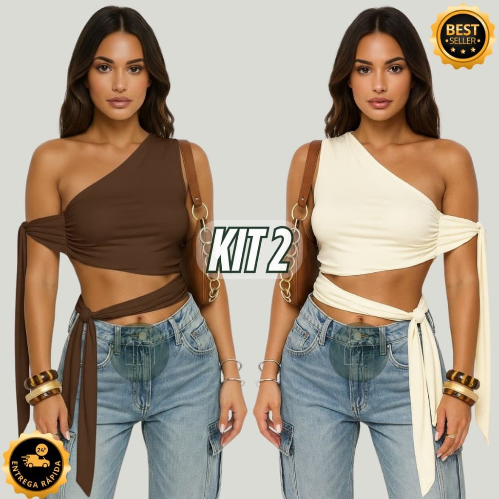 Kit 2  Ou 1 Unidade Blusa Cropped com Amarração – Suplex Premium Slim Festa Moda Gringa