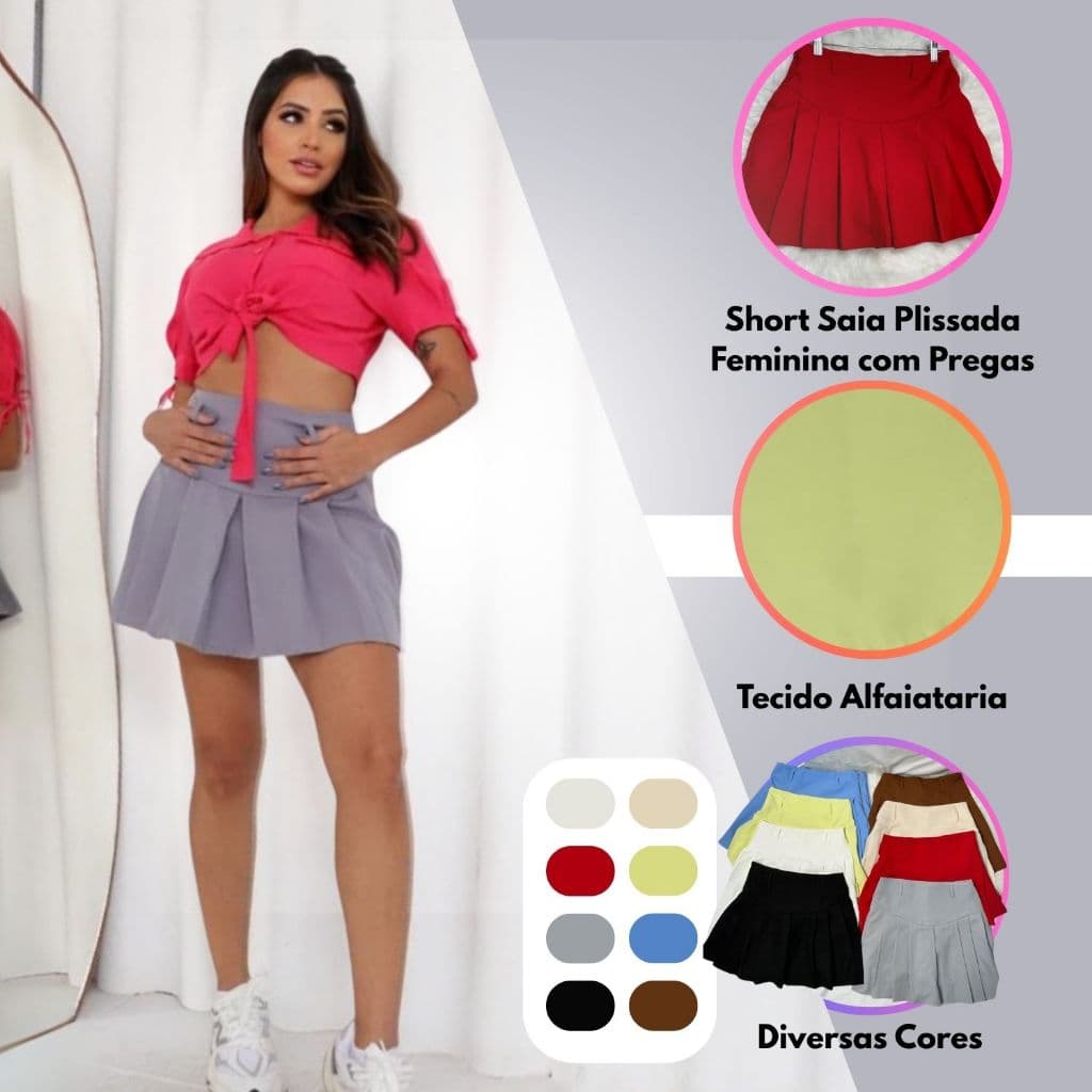 Short Saia Plissada Feminina com Pregas, Zíper em Tecido Alfaiataria - Disponível em Diversas Cores