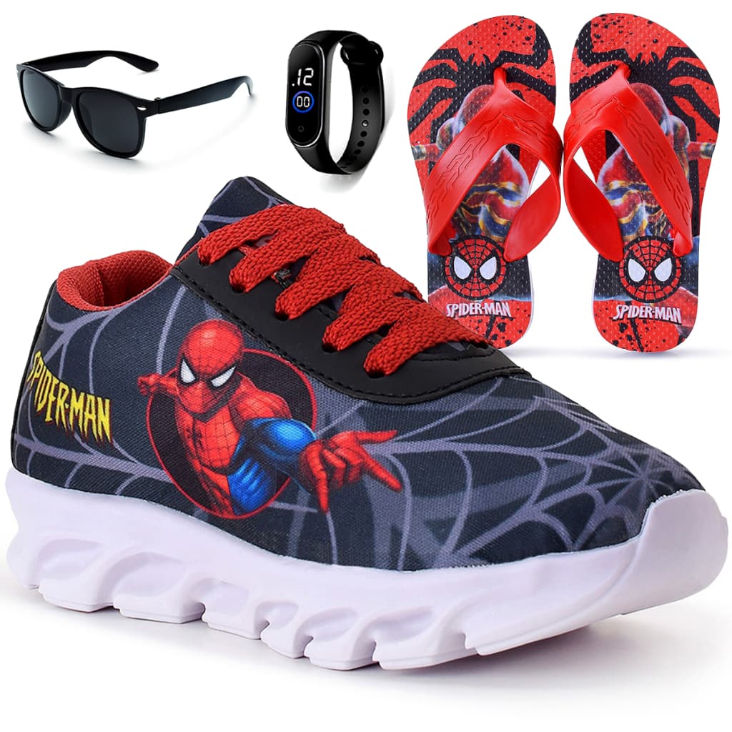 Kit Tênis Infantil Menino Homem Aranha Casual + Chinelo + Óculos + Relógio