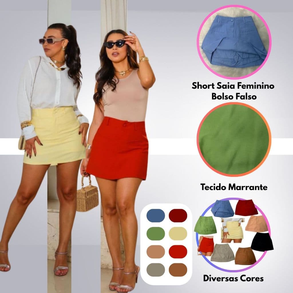 Short Saia Feminino Bolso Falso, Passador em Tecido Marrante - Disponível em Diversas Cores P,M,G.