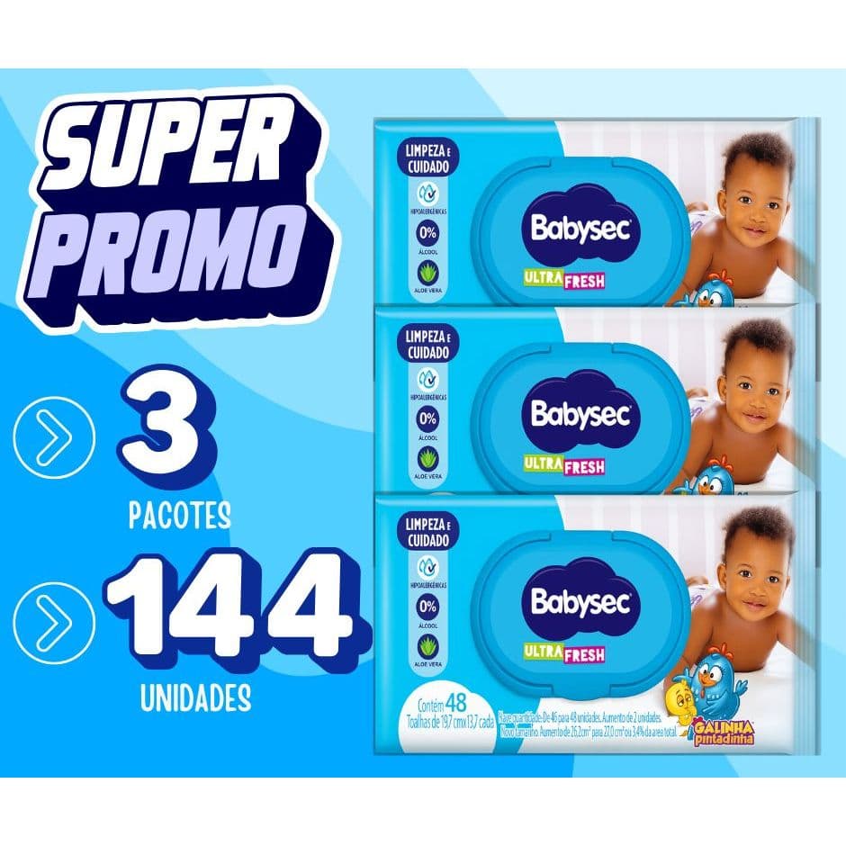 Kit lenço Umedecido BabySec Ultra Fresh 144 Unidades - Peles sensíveis