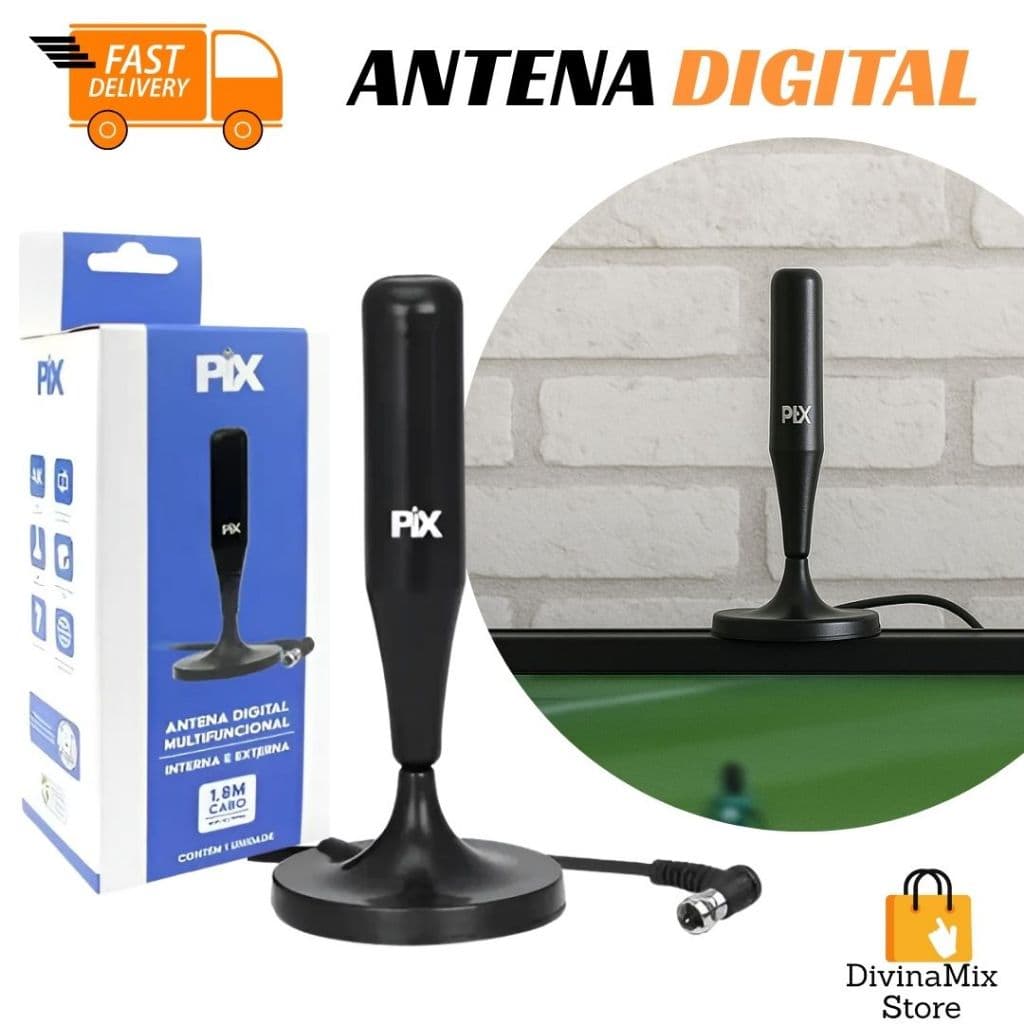 Antena Digital Multifuncional Preta 1,8 m com Imã – Sinal HDTV para TV e Conversores Internos e Externos