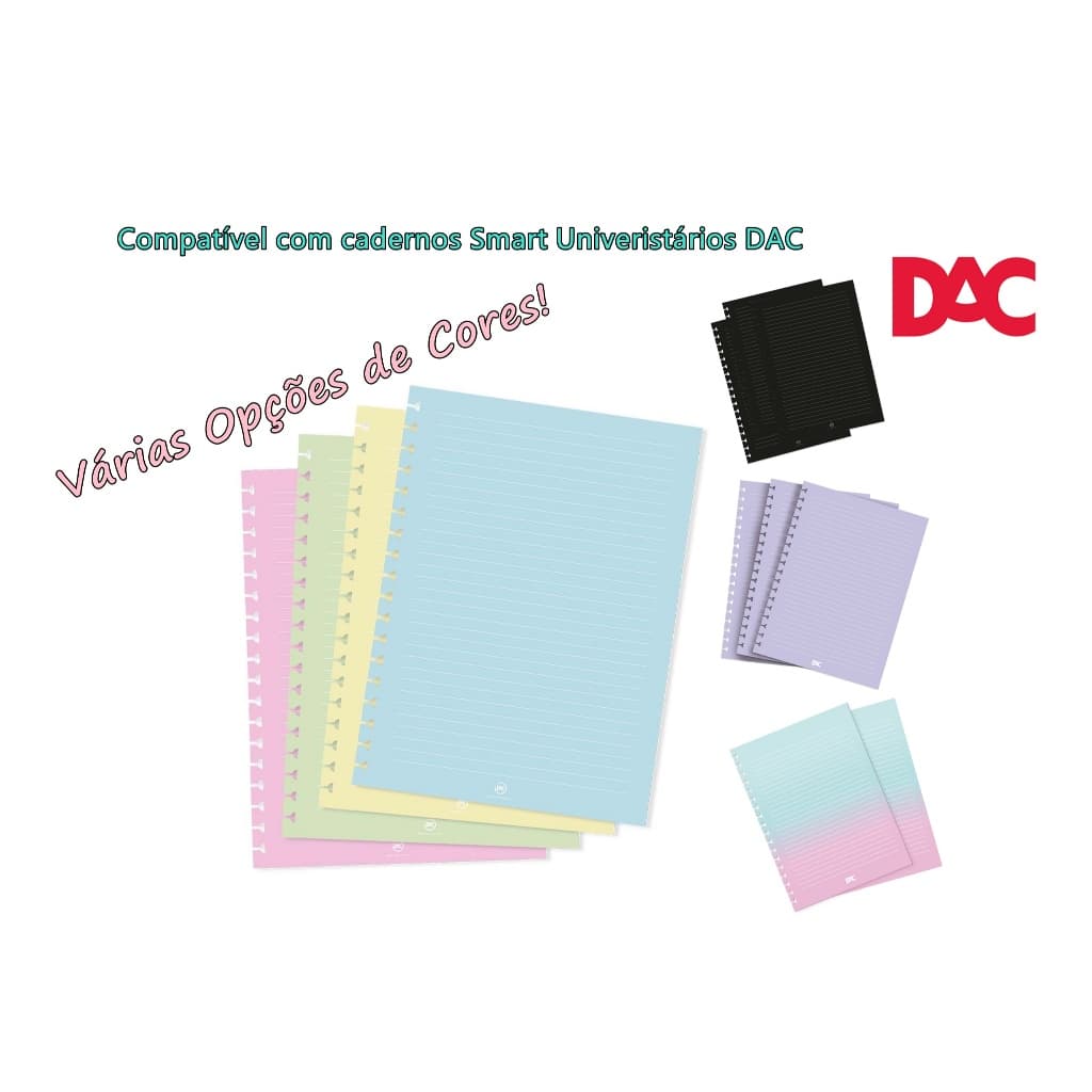 Refil com 48 Folhas Diversas Cores para Caderno Smart Universitário 200x275 Branco Azul Lilás Preto Degradê ou Rosa DAC