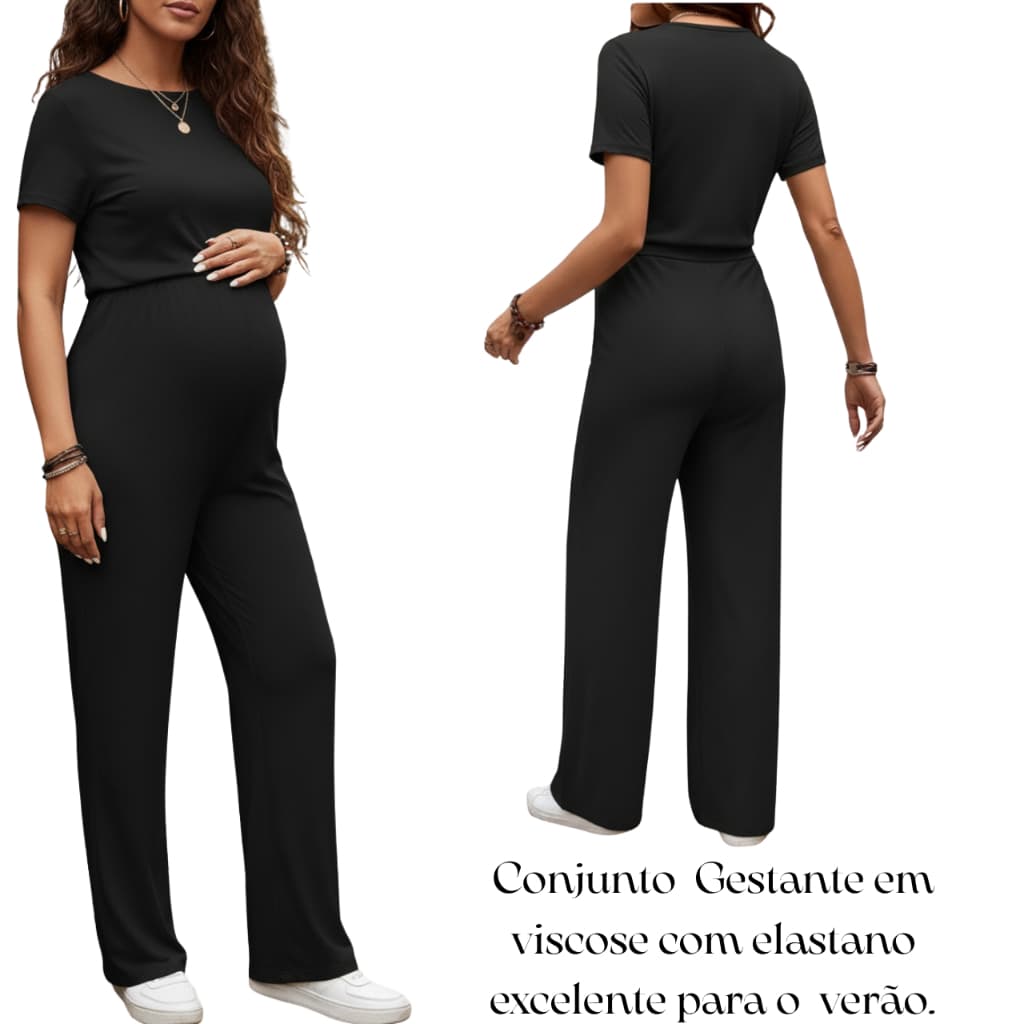 Conjunto Gestante em Viscolaycra Preto com Bolsos, Conjunto verão, Casual, Gravida, Conforto, Calça gestante, Pantalona