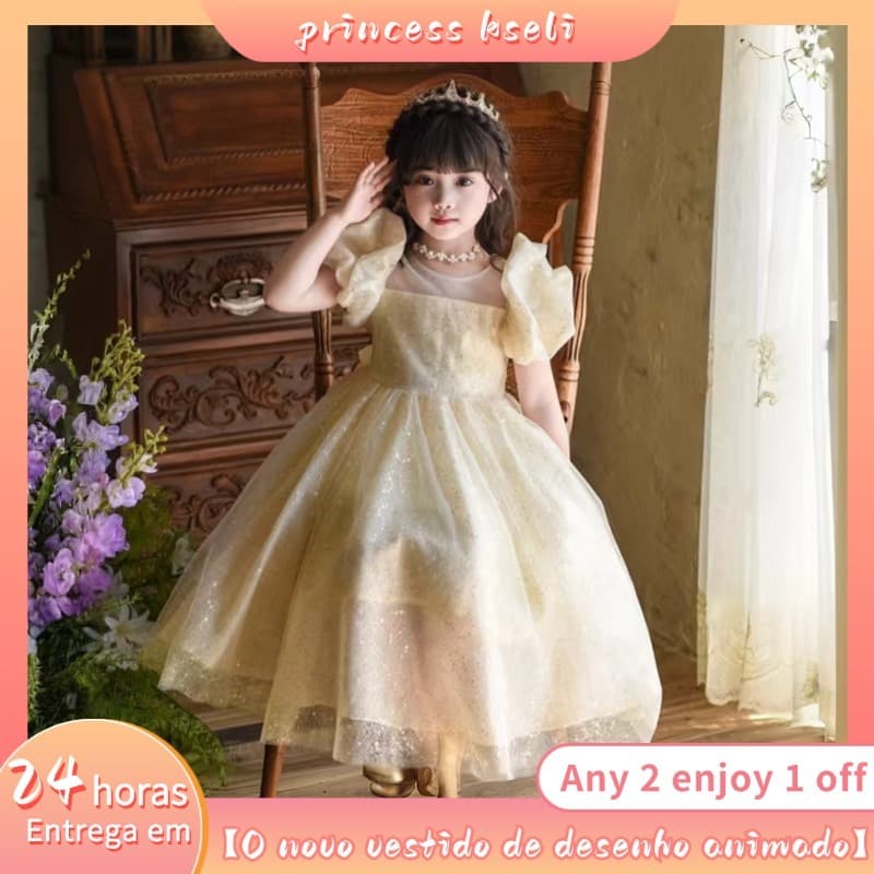 PRINCESSKESLI Vestido estilo princesa da selva para meninas, Vestido Glitter Rosa Mangas bufantes Godê De Festa Infantil