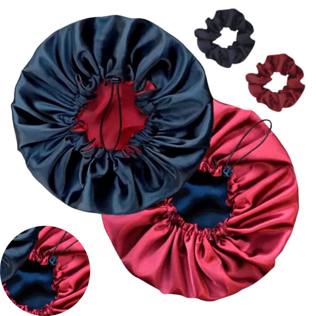 Kit 2 Toucas de Cetim Dupla Face Regulável Premium + Scrunchie Antifrizz Cabelo Feminino Noturno
