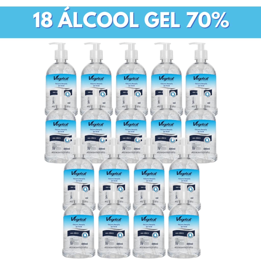Kit 18 Álcool em Gel 70% Antisséptico 500ml Higienizador Mãos Proteção Contra Vírus e Bactérias.