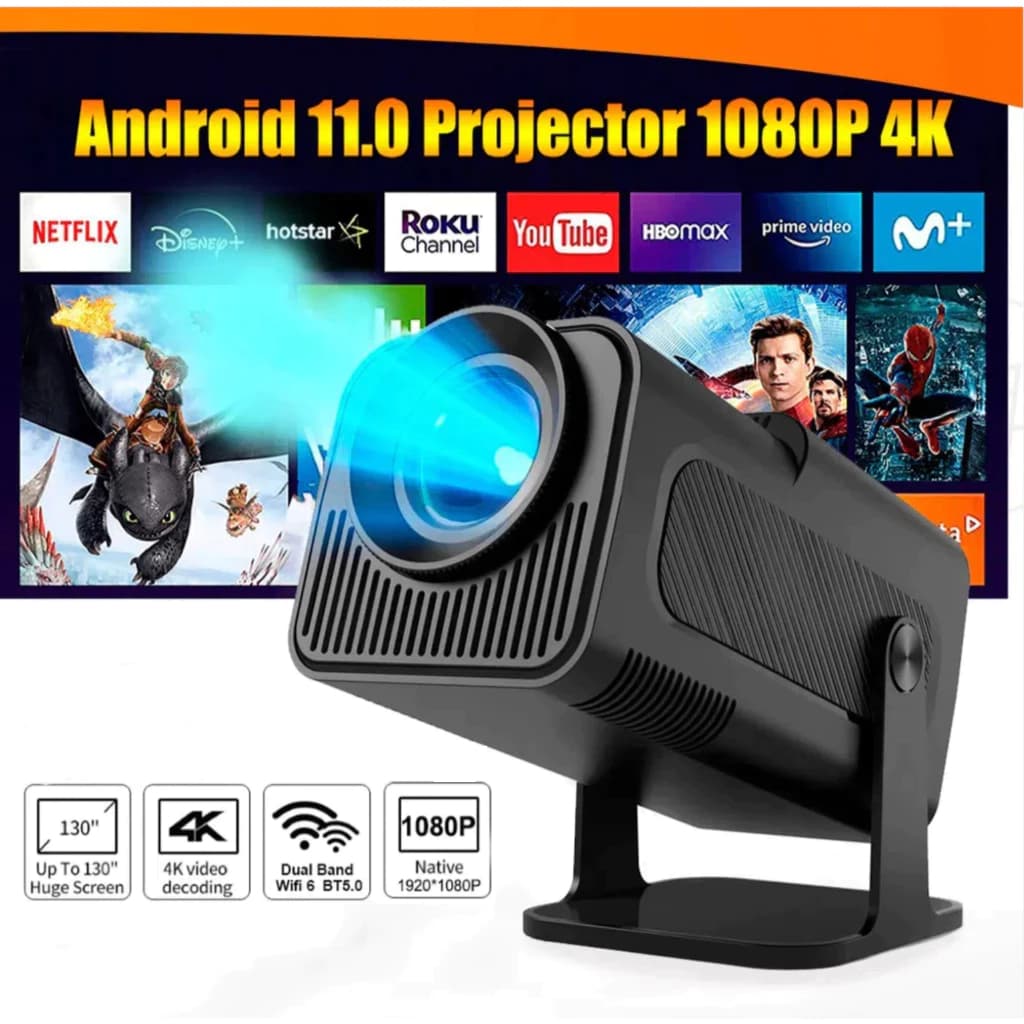 Projetor Smart HY320 Pro Android WiFi6 Bluetooth Resolução 1280x720p HD Portátil