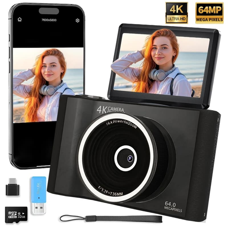 Câmera digital com zoom 4K CCD 16x, adequada para fotografia estudantil, compacta de 72MP, tela flip selfie de 180°