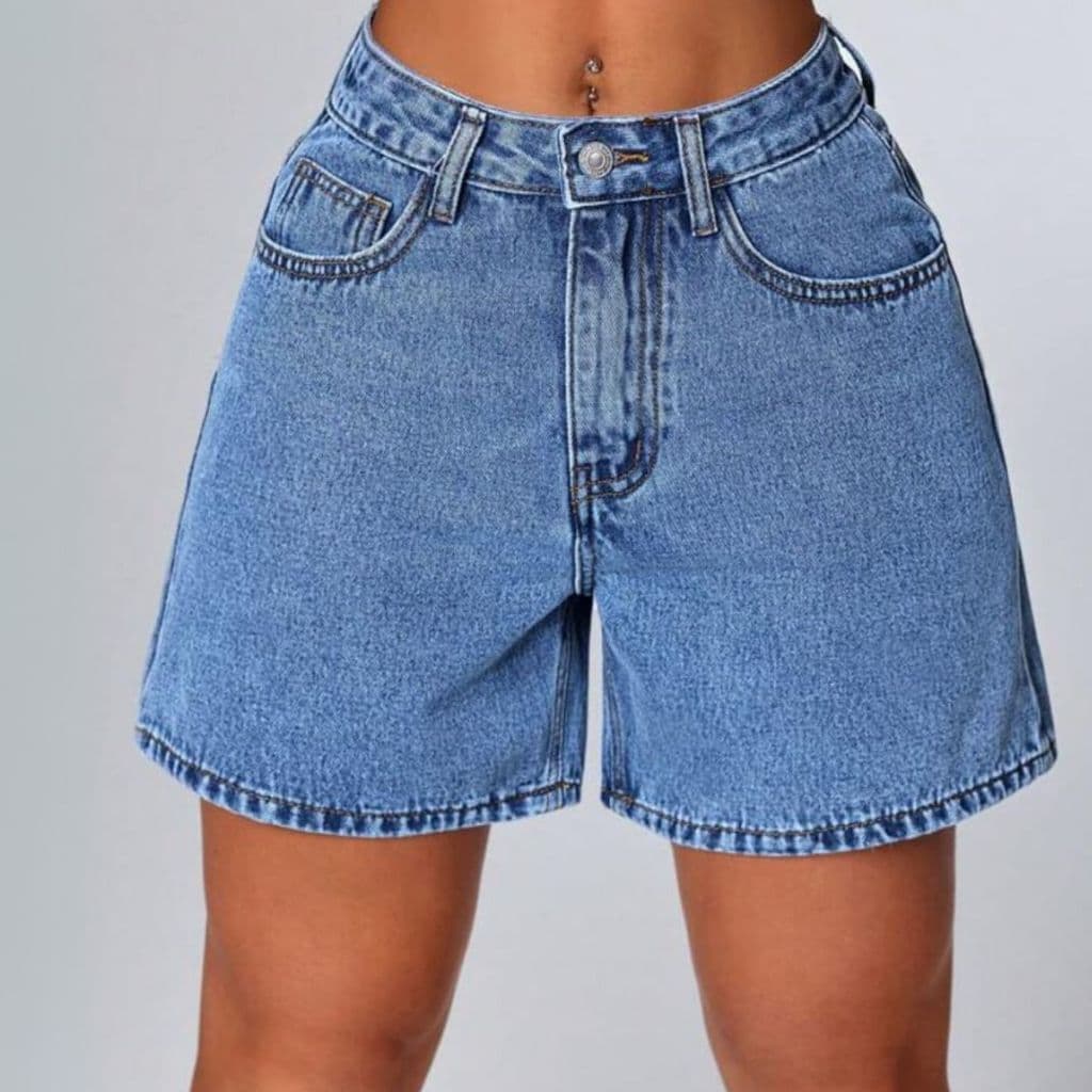 Bermuda Short Mom Jeans Feminino Cintura Alta Com Bolso Funcional