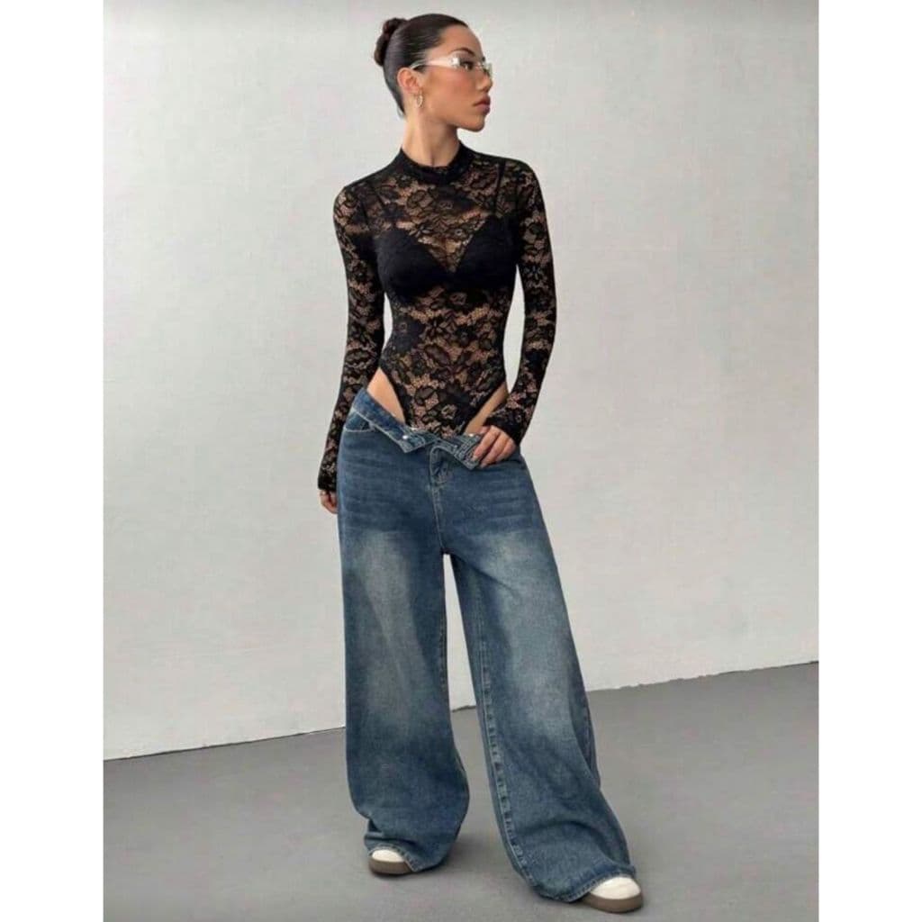 Body Feminino  Manga Longa de Renda  Gola Alta Sexy Elegante Transparente Inverno Festa