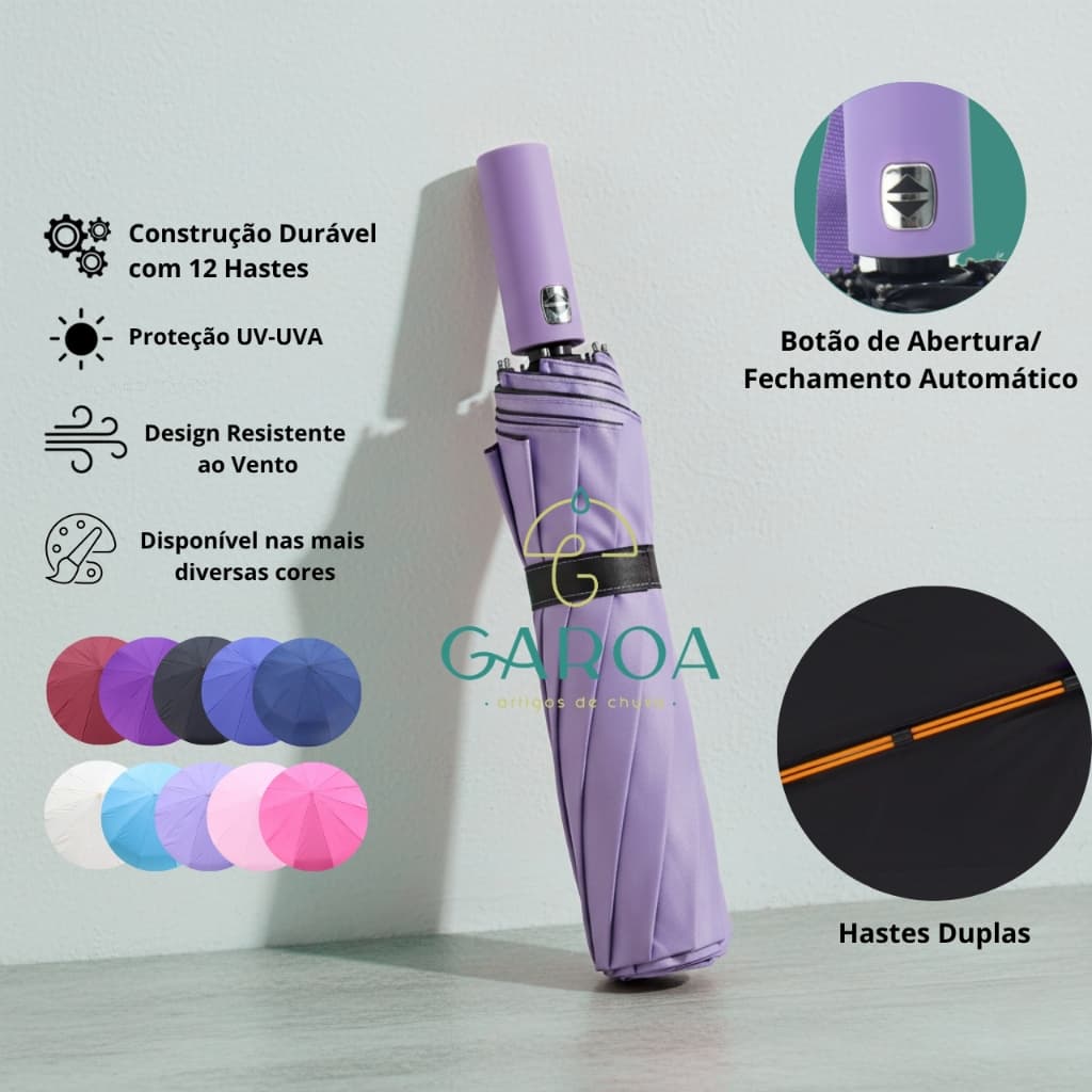 Guarda Chuva Automático Abre e Fecha Com Proteção Solar Hastes Duplas de Fibra de Vidro Cabe na Bolsa | 1857