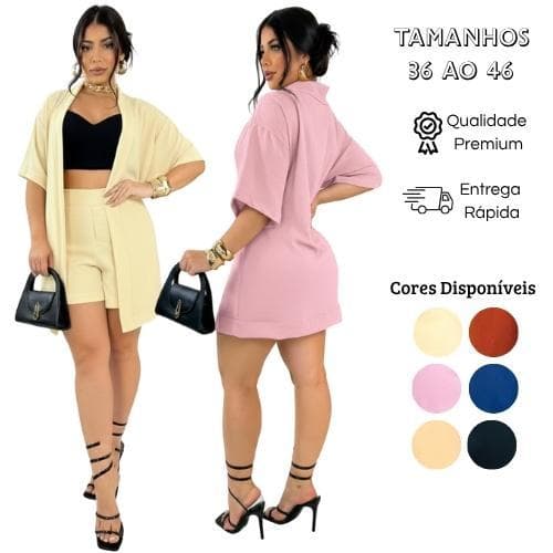 Kit 2 Pecas Conjunto Femenino Kimono e Short Tecido Duna Casual Chique