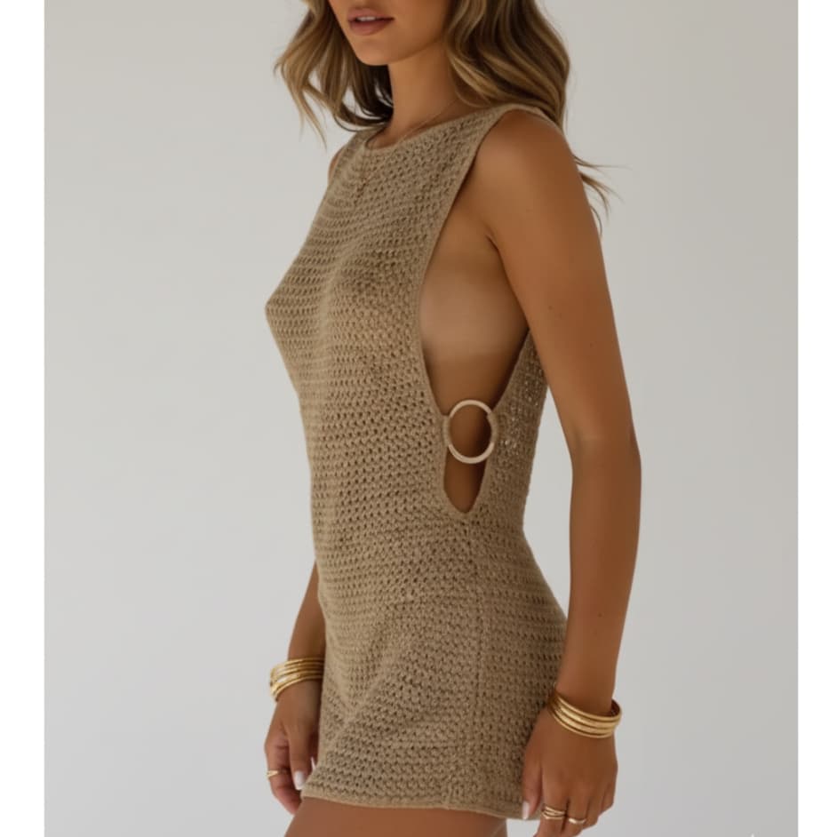 Saída de Praia Vestido Feminino Tricot Detalhes em Argolas Tendência Verão